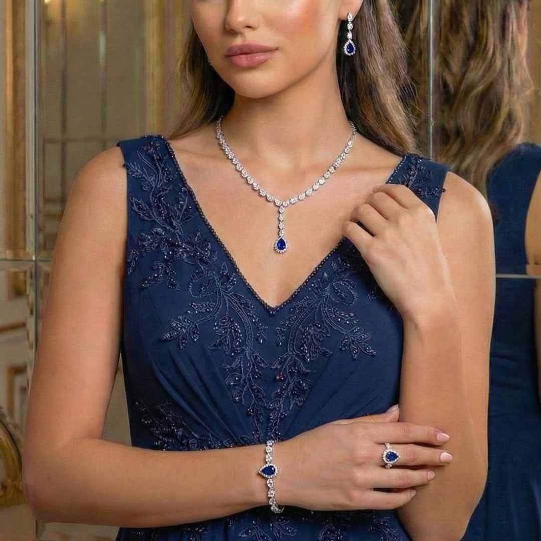 Omnia Radya Blue Bridal Full Set in High Quality Zircon Stone Rhodium Plated - OMNIASTORES UAE