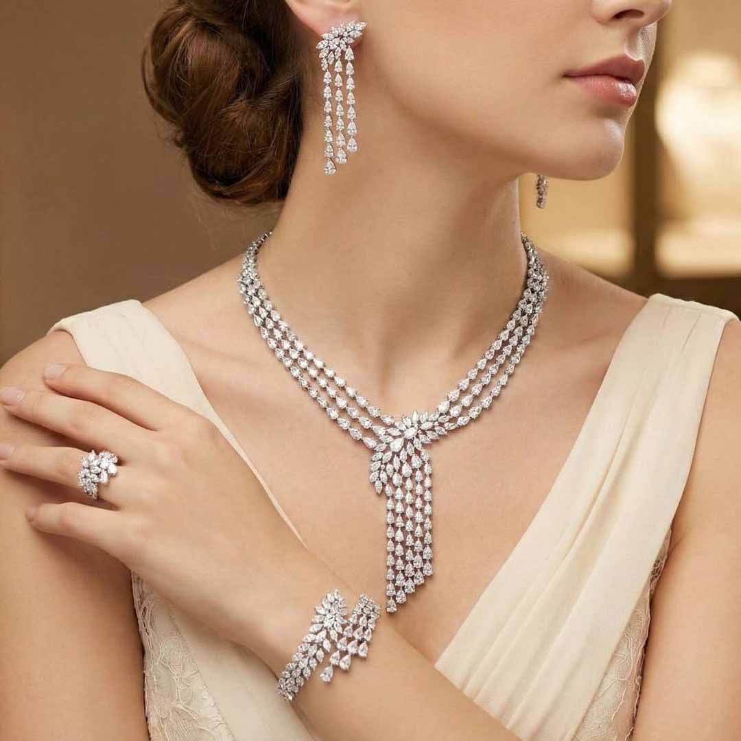 Omnia Rahaf White Luxury Bridal Full Set Accessories in High Quality Zircon Stone Rhodium Plated