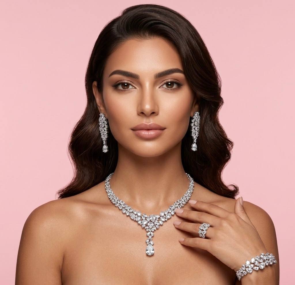 Omnia Reman White Bridal Full Set in High Quality Zircon Stone in Rhodium Plated