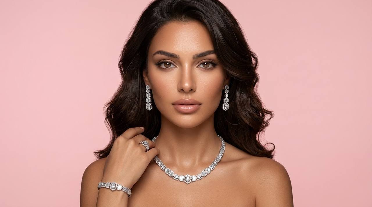 Omnia Rihana White Luxury Bridal Full Set Accessories in High Quality Zircon Stone in Rhodium Plated