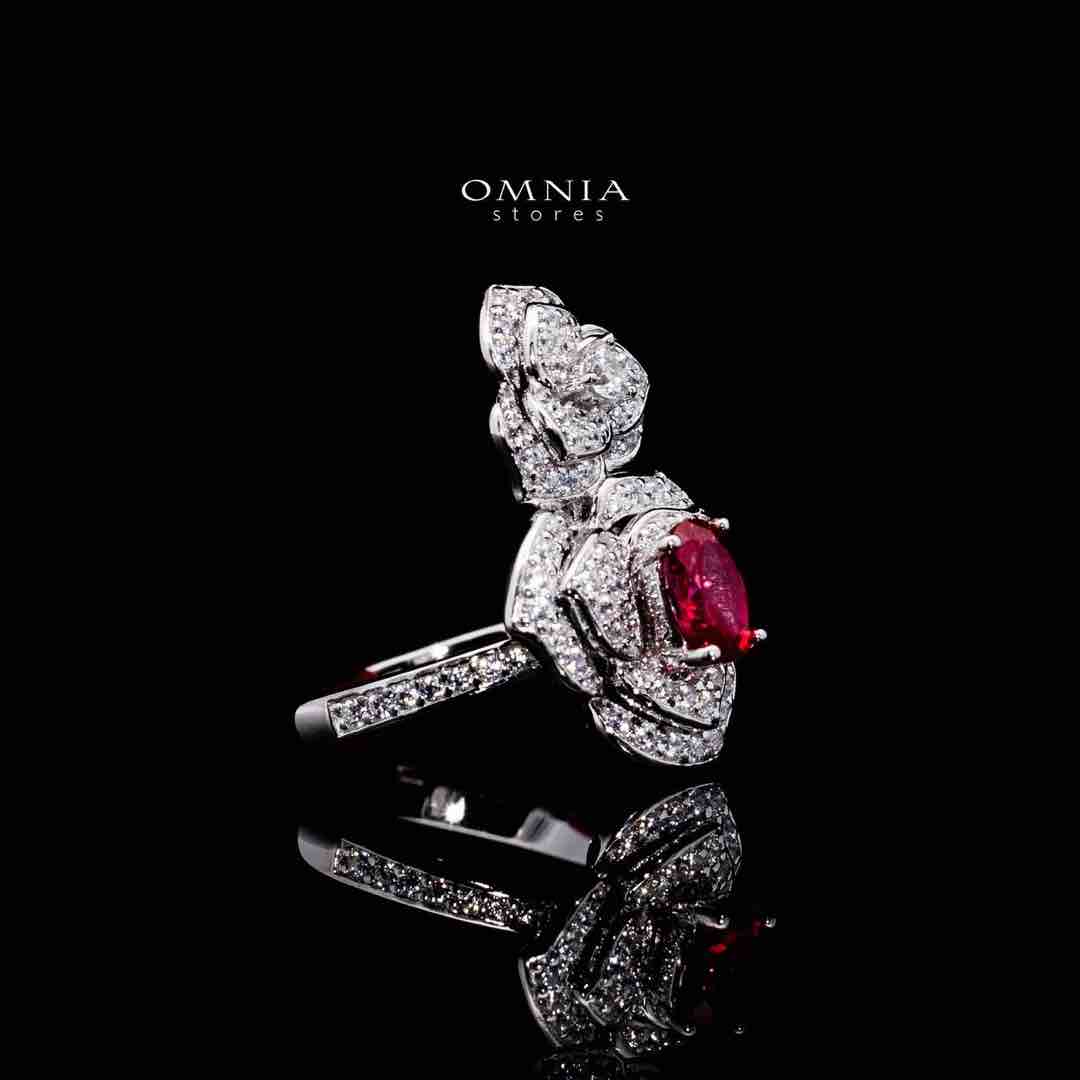 Omnia Nazeeya Red Floral Ring in 925 Silver with High Quality Simulated Diamonds