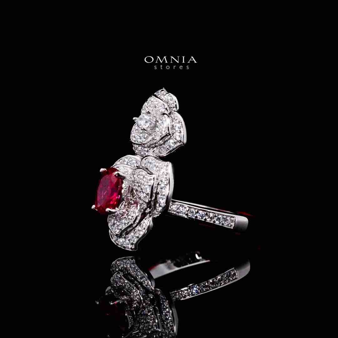 Omnia Nazeeya Red Floral Ring in 925 Silver with High Quality Simulated Diamonds