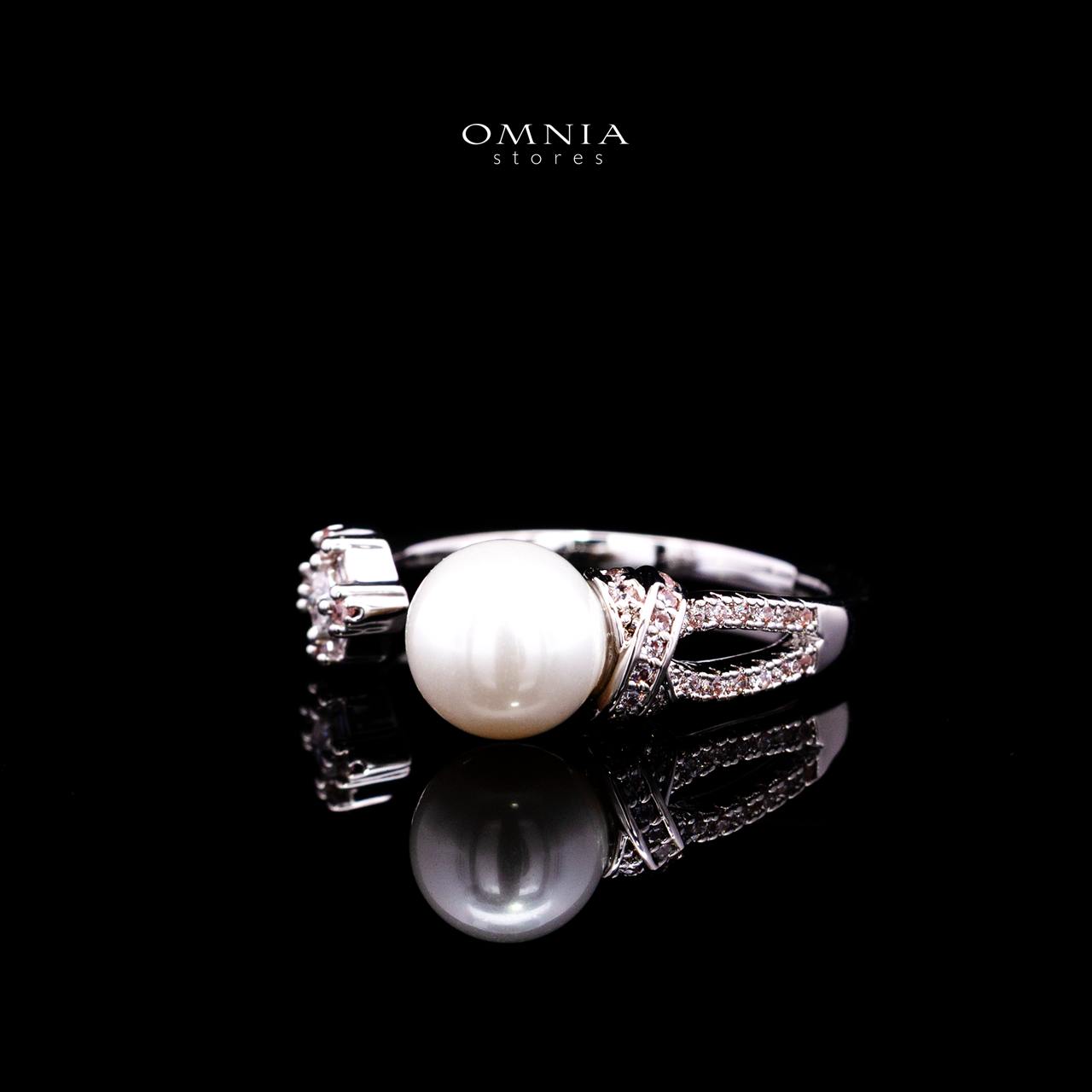 Nilda Pearl Bangle & Ring Set with Premium Simulated Diamonds in Rhodium-Plated Alloy