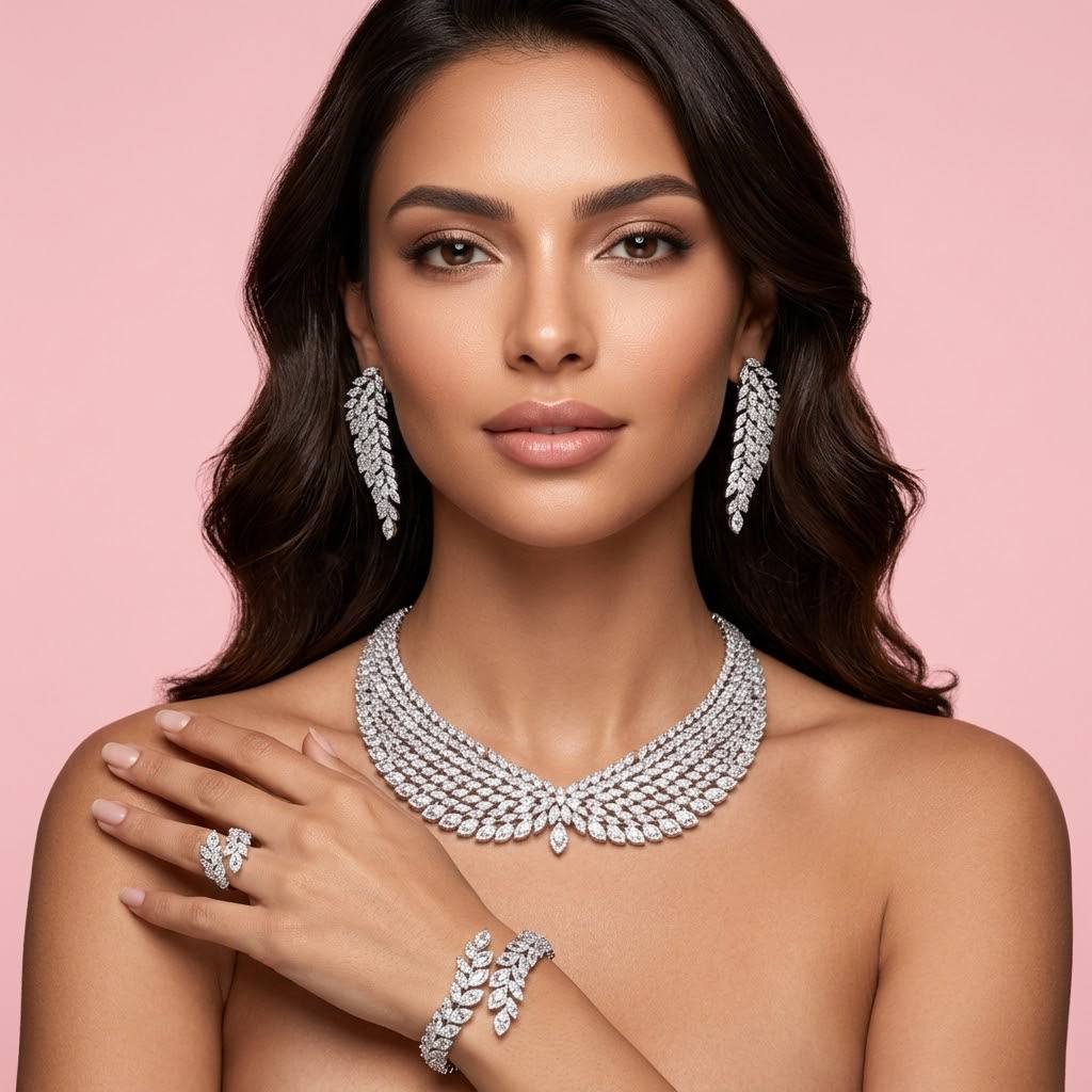 Omnia Safe Luxury Bridal White Full Set In High Quality Zircon Stone Rhodium Plated