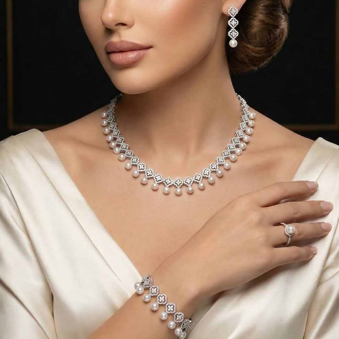 Omnia Sahira Pearl Bridal Full Set in 925 Silver with High-Quality White Zircon Stones - OMNIASTORES UAE
