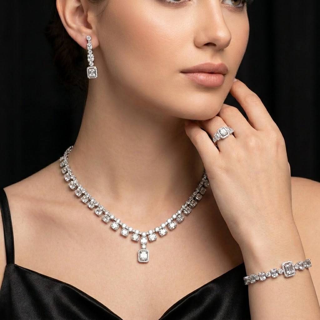 طقم زفاف فاخر كامل من أمنية سيلينا باللون الأبيض مرصع بأحجار الزركون المطلية بالروديوم عالية الجودة