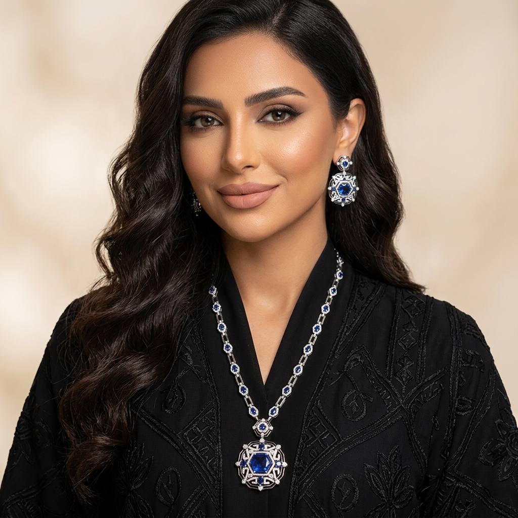 Omnia Siwar Silver Long Chain Necklace and Earrings Set 925 Silver in High Quality Blue Simulated Diamond Stones