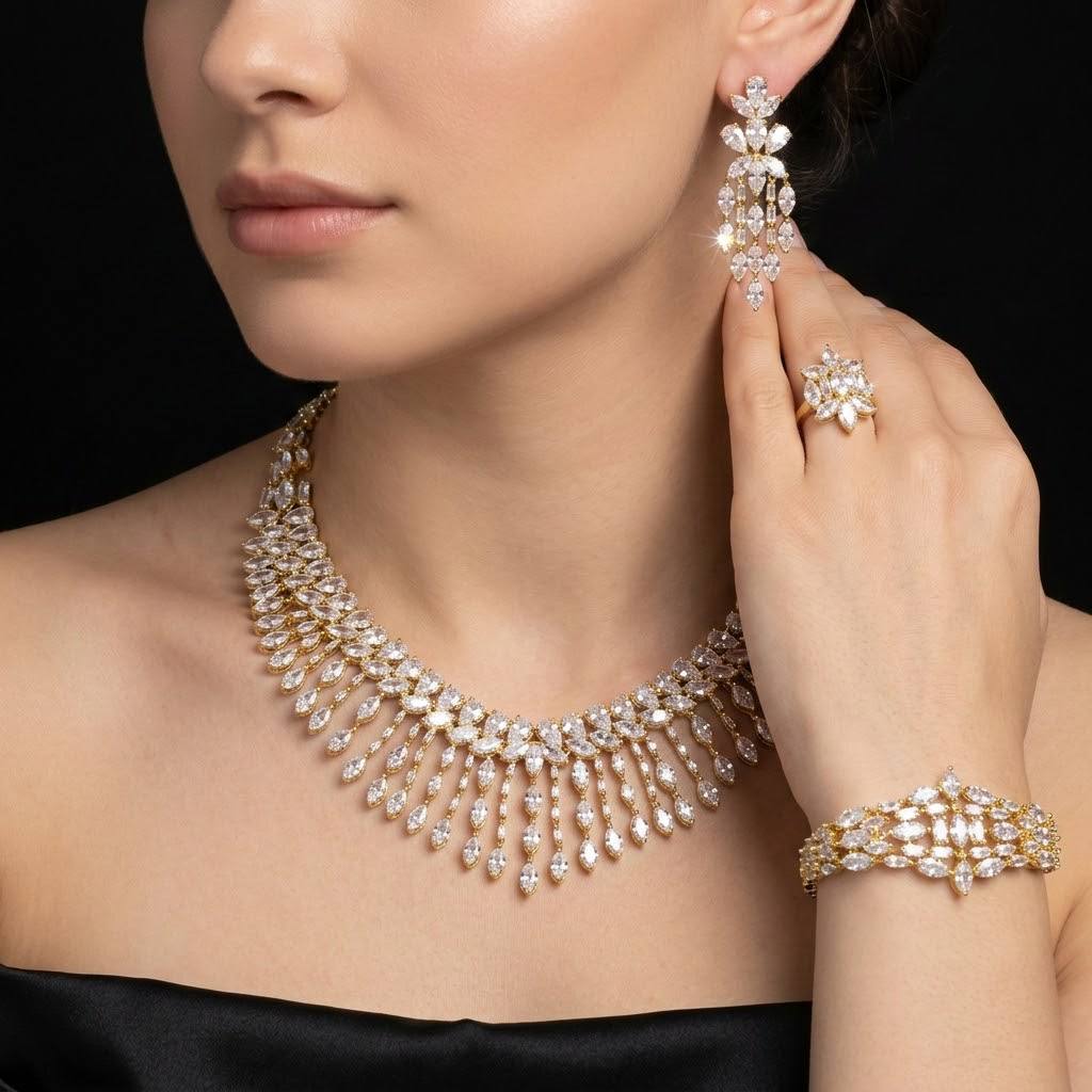 Omnia Soheila Gold Luxury Bridal Full Set with Emerald and Pear-Cut High-Quality Simulated Diamonds Rhodium Plated(only available in ksa)