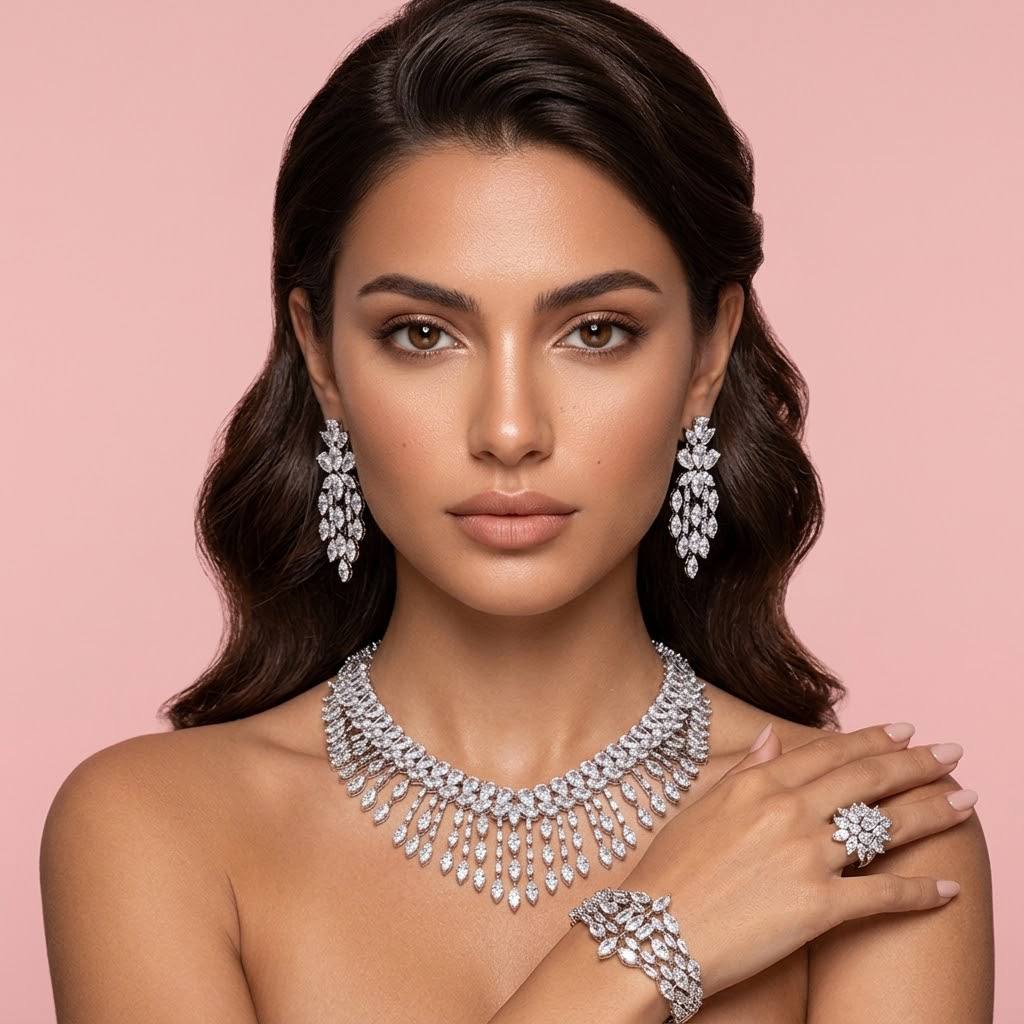 Omnia Soheila White Luxury Bridal Full Set with Emerald and Pear-Cut High-Quality Simulated Diamonds Rhodium Plated