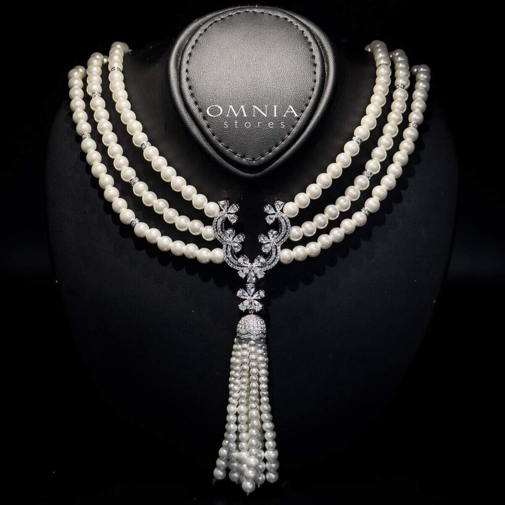 Omnia Sahar Multi-Layer Pearl Bridal Full Set with High Quality Simulated Diamond