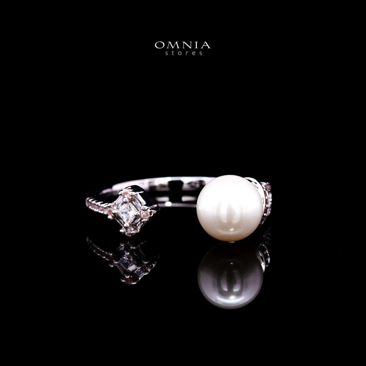 Nilda Pearl Bangle & Ring Set with Premium Simulated Diamonds in Rhodium-Plated Alloy