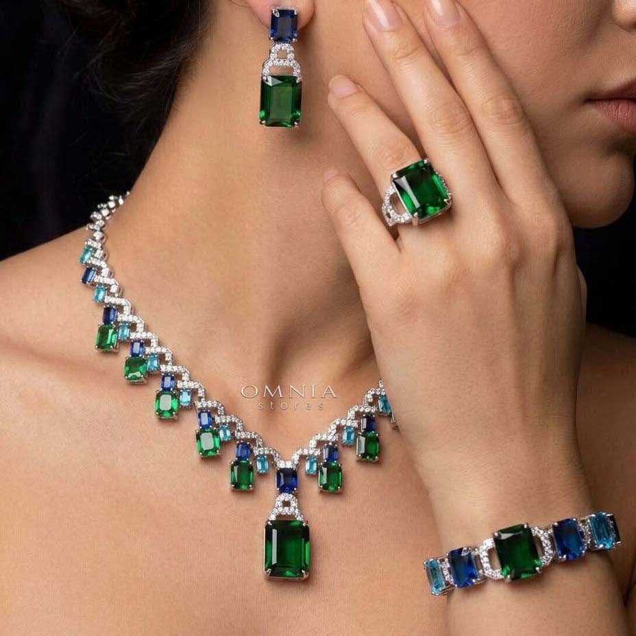 Omnia Veryna Bridal Full Set in High Quality Simulated Diamonds with Emerald and Sapphire Cut Stones, Rhodium Plated