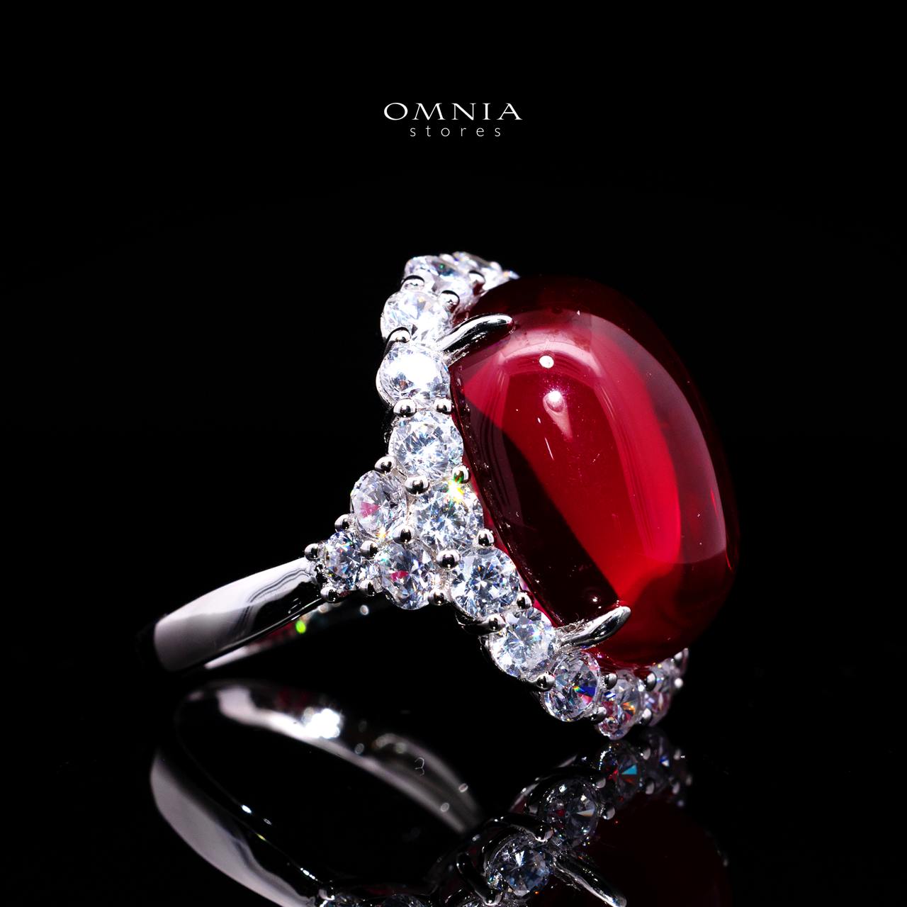 Malaika Imperial Red Gemstone Ring with Certified High-Quality Premium Simulated Diamonds in 925 Sterling Silver