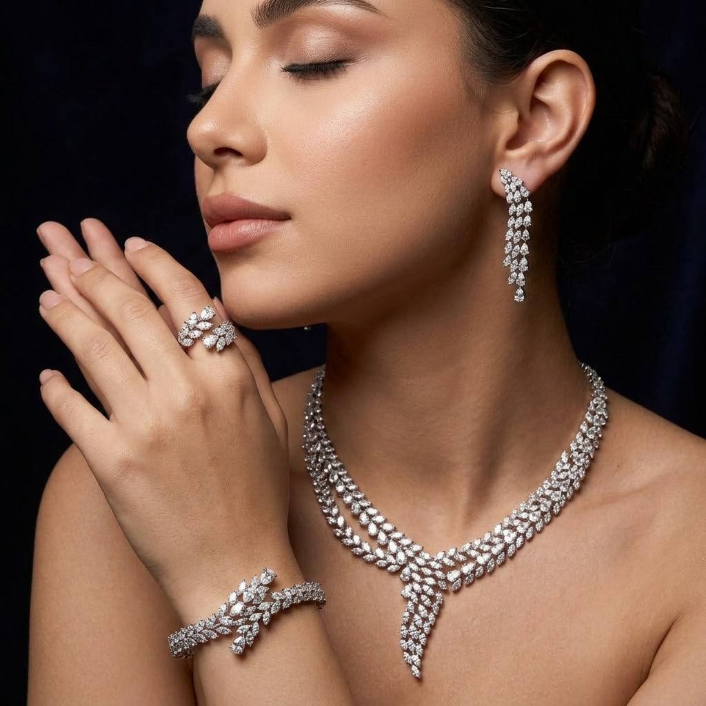 Omnia Yasira Leaf-Design White Luxury Bridal Full Set in High Quality Zircon Stone Rhodium Plated